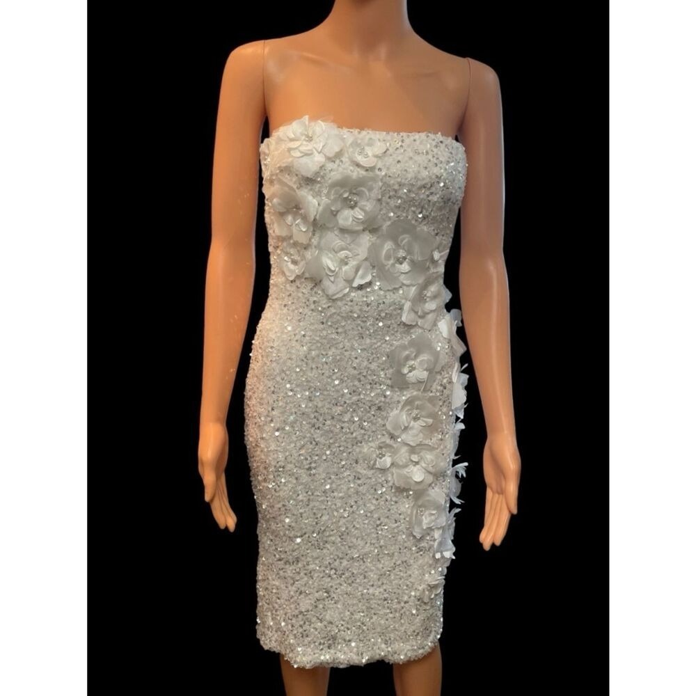 NWT-Helsi Liliana Strapless Floral Appliqué Stretch Sequin Midi Dress XS Ivory - Picture 7 of 13